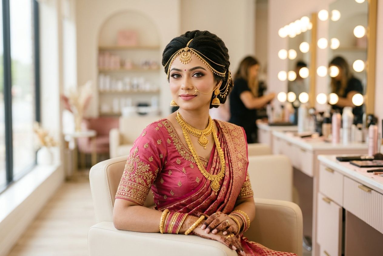 A woman with finished makeup and gold hair chains seated in a bright salon
