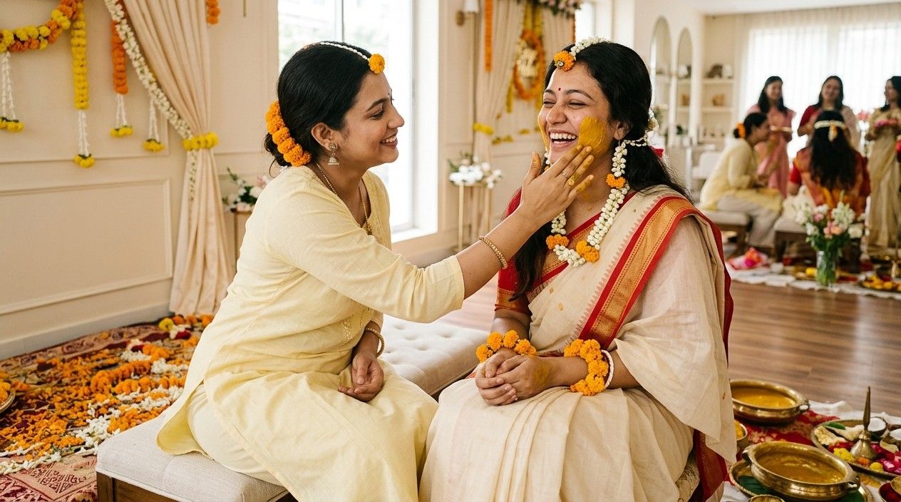 Turmeric paste being applied to a woman's cheek at a holud ceremony