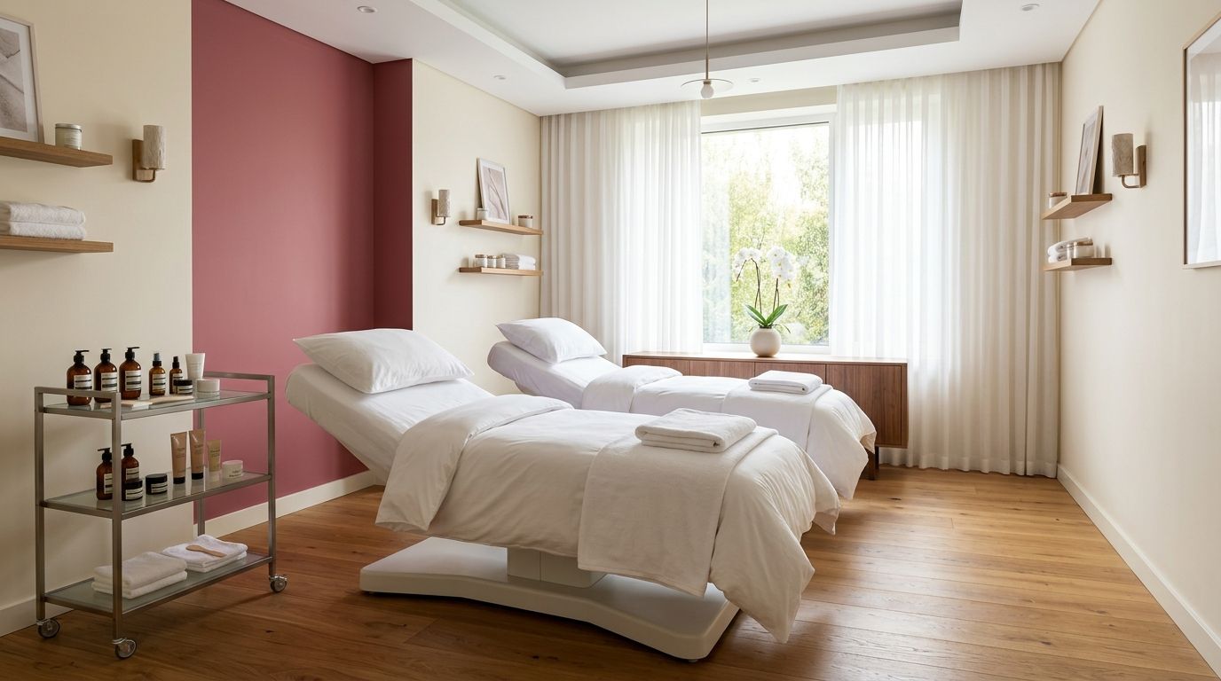 An empty salon treatment room with fresh linens and morning light